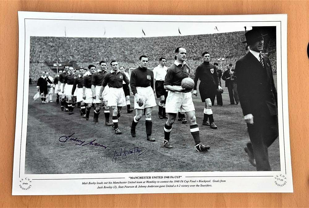 Rare 12x18 Dual-Signed Photo: Johnny Morris & Jack Crompton - 1948 FA Cup Final