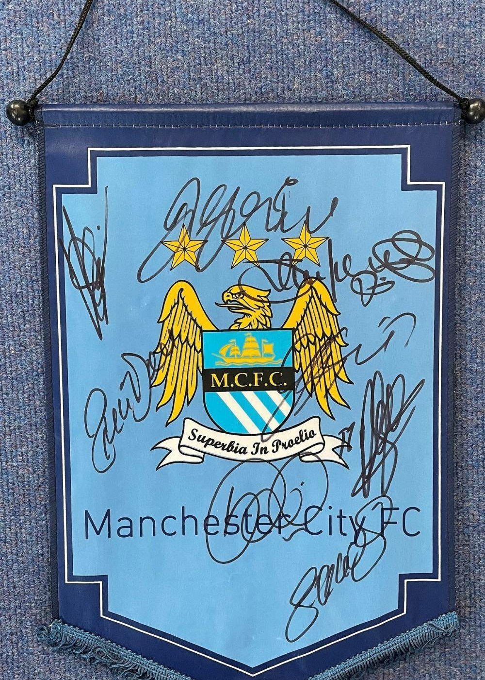 Manchester City Pennant Hand-Signed by 9 Legends - Fantastic Autographs!