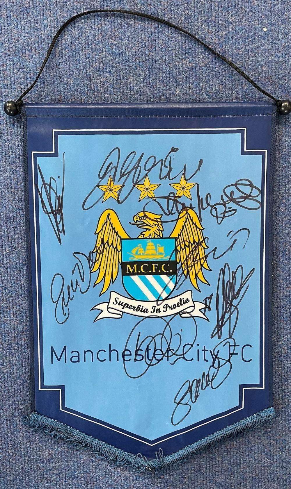 Manchester City Pennant Hand-Signed by 9 Legends - Fantastic Autographs!