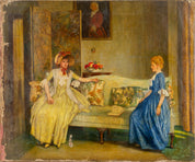 Stephen Reid, An Interior Scene with Ladies in Conversation on a Sofa, with a Folding Screen and a Portrait Behind