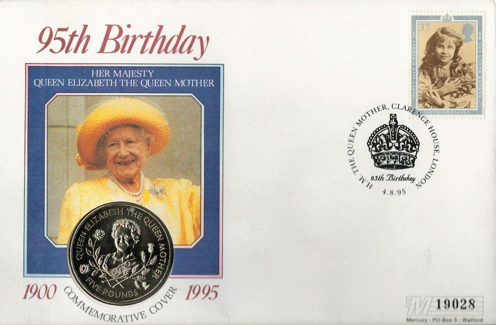 Royal Commemorative: Queen Mother's 95th Birthday Coin Cover with QEQM £5 Coin