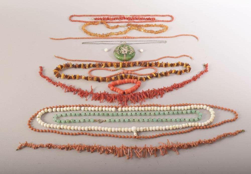 12-Piece Set Jade, Coral, Amber Beaded Necklaces