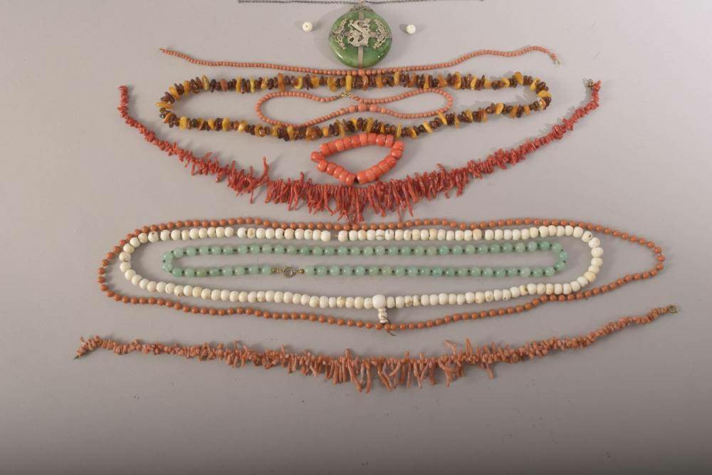 12-Piece Set Jade, Coral, Amber Beaded Necklaces