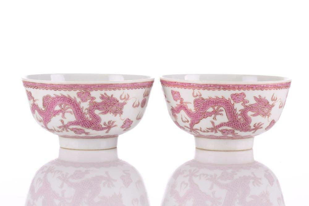 Pair of Chinese Porcelain Bowls - Dragon and Phoenix Harmony, Tongzhi Mark