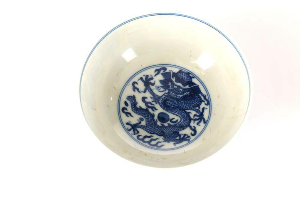 Antique Chinese Blue and White Bowl - Dragon and Crane Masterpiece