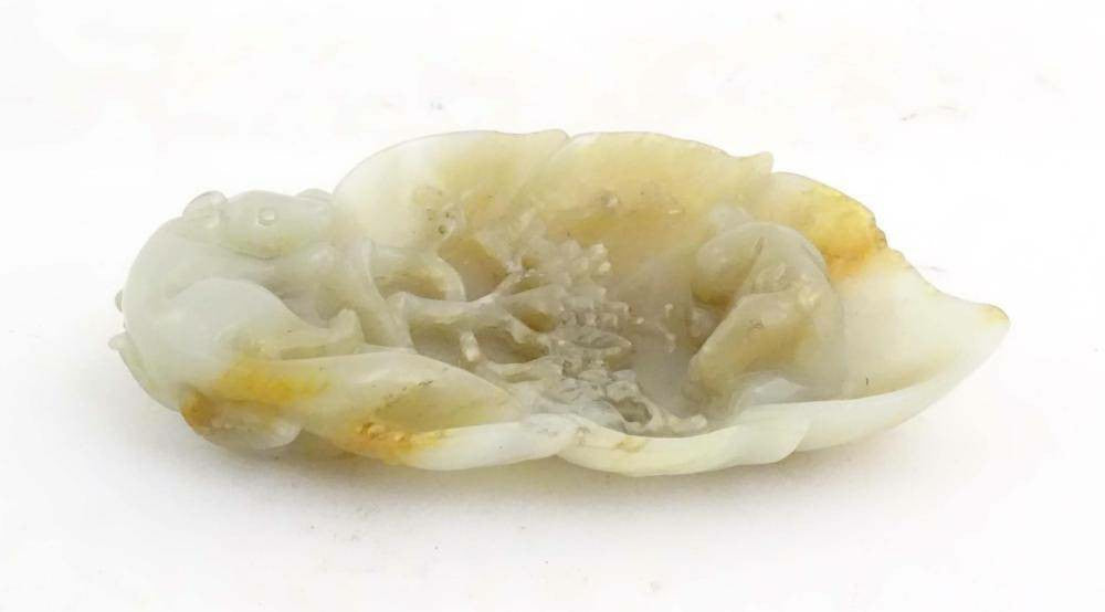 Chinese Carved Light Jade Hardstone Leaf Dish with Animals - 4 1/4" Wide