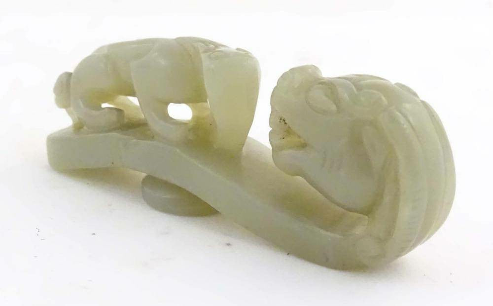 Chinese Jade Coloured Hardstone Belt Hook - Dragon Head and Chilong Dragon