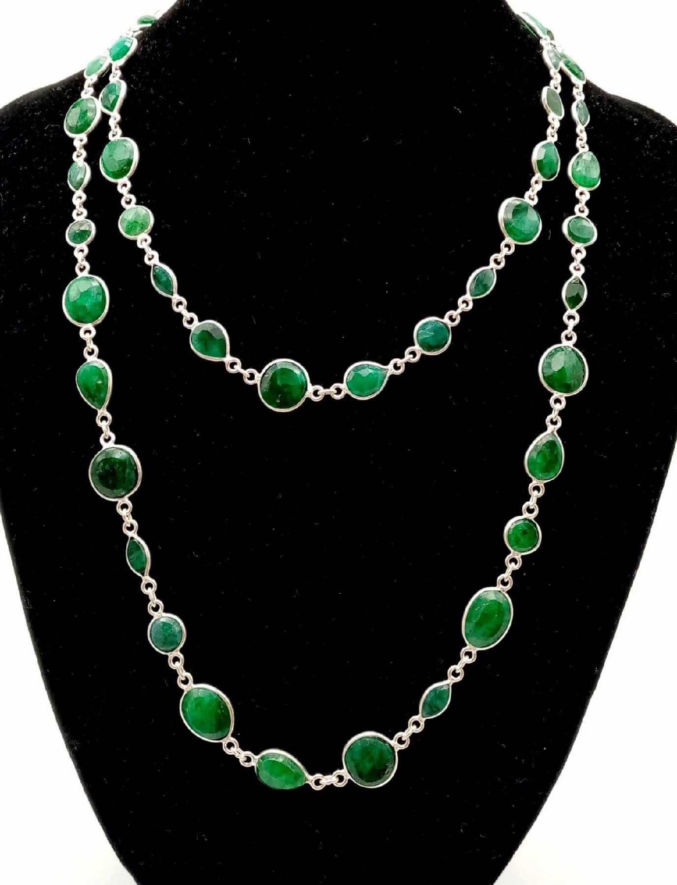 Elegance in Emeralds: Long Silver Necklace - 32g