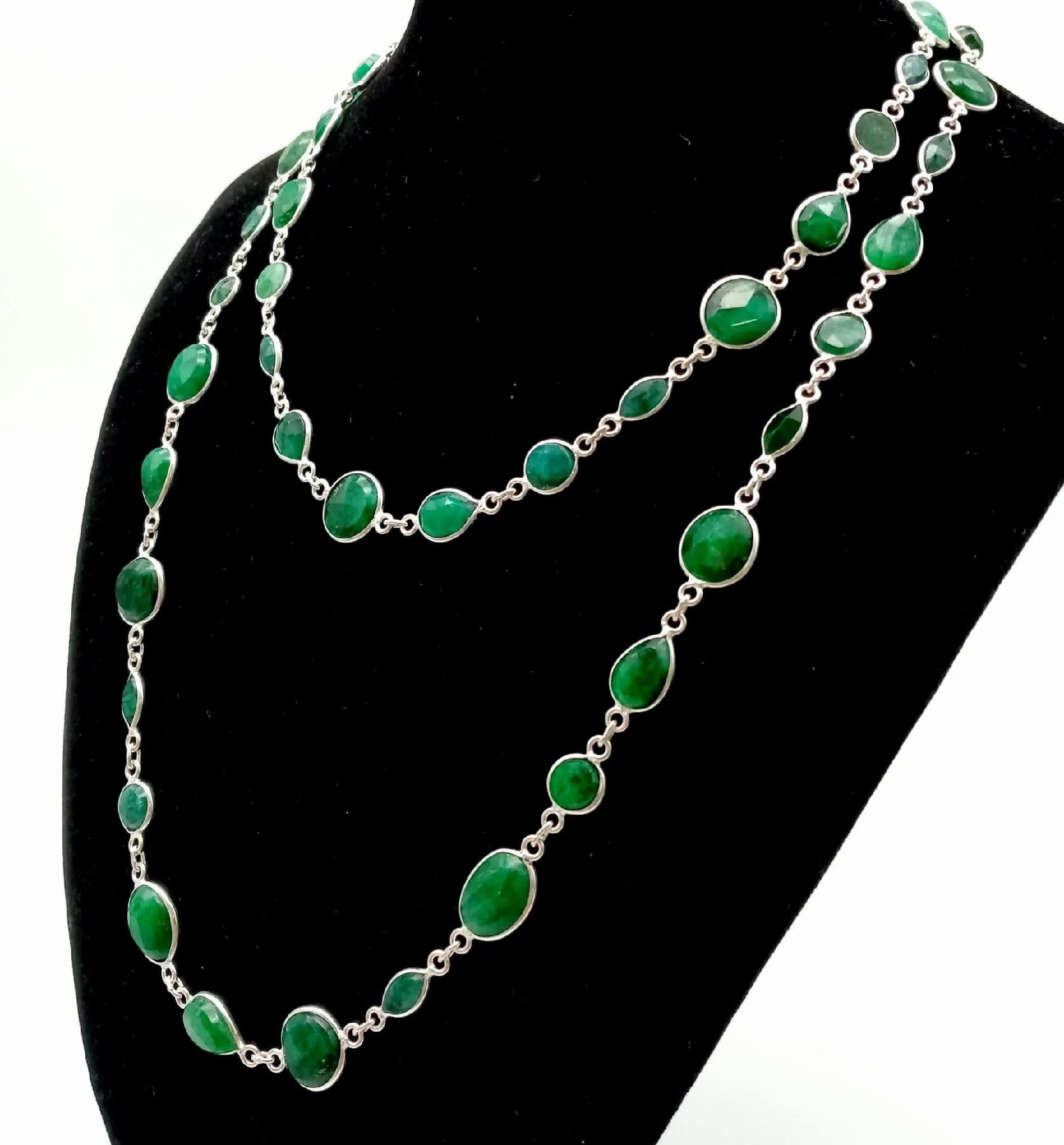 Elegance in Emeralds: Long Silver Necklace - 32g