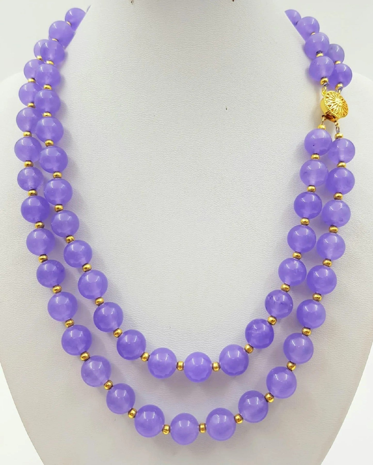 Elegant Lavender Jade Bead Two-Row Necklace - Double Row Design, Gold-Plated