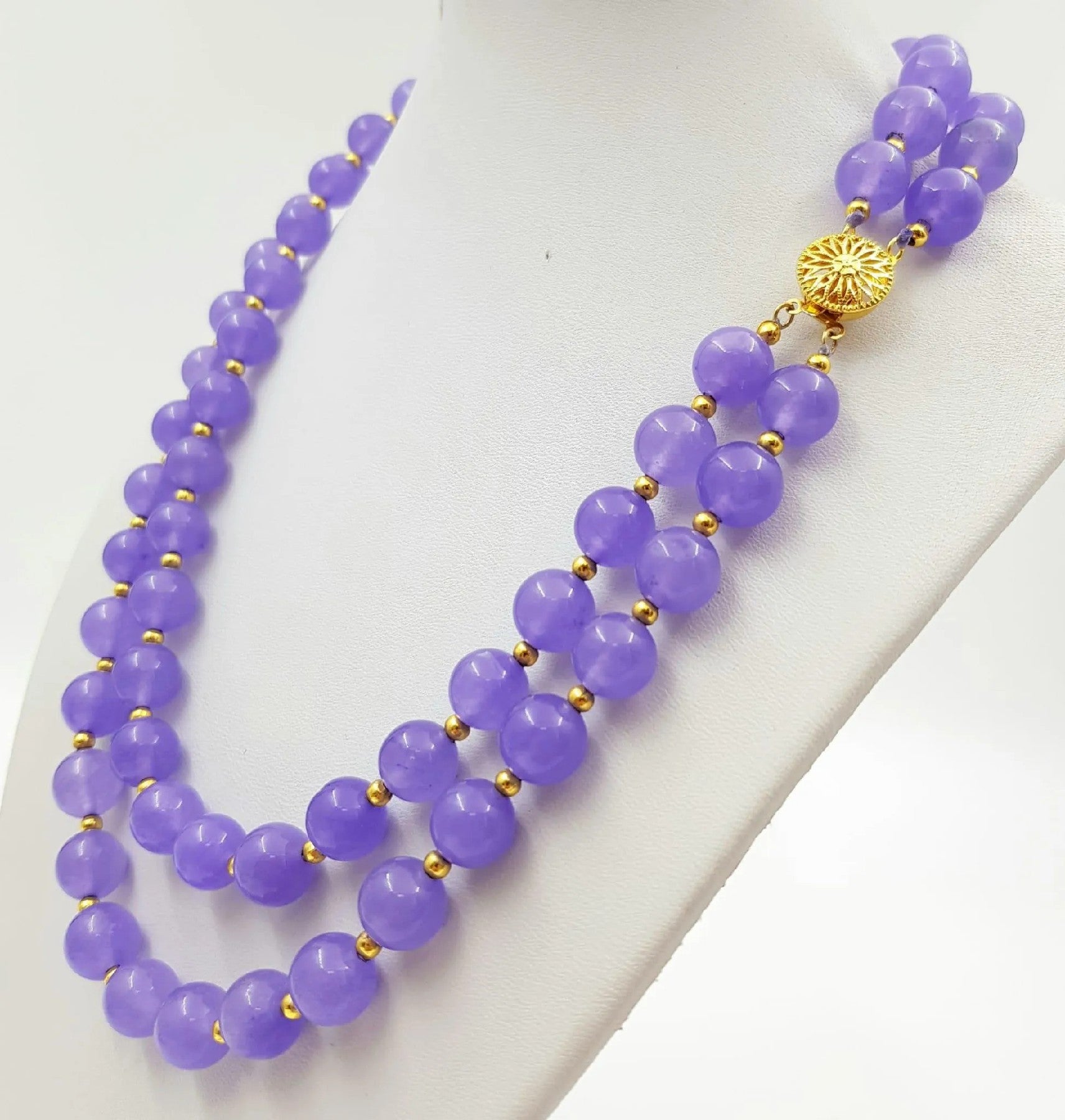 Elegant Lavender Jade Bead Two-Row Necklace - Double Row Design, Gold-Plated