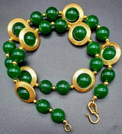 Vintage-Inspired Green Jade and Gold-Plated Necklace with Matching Earrings - 60s