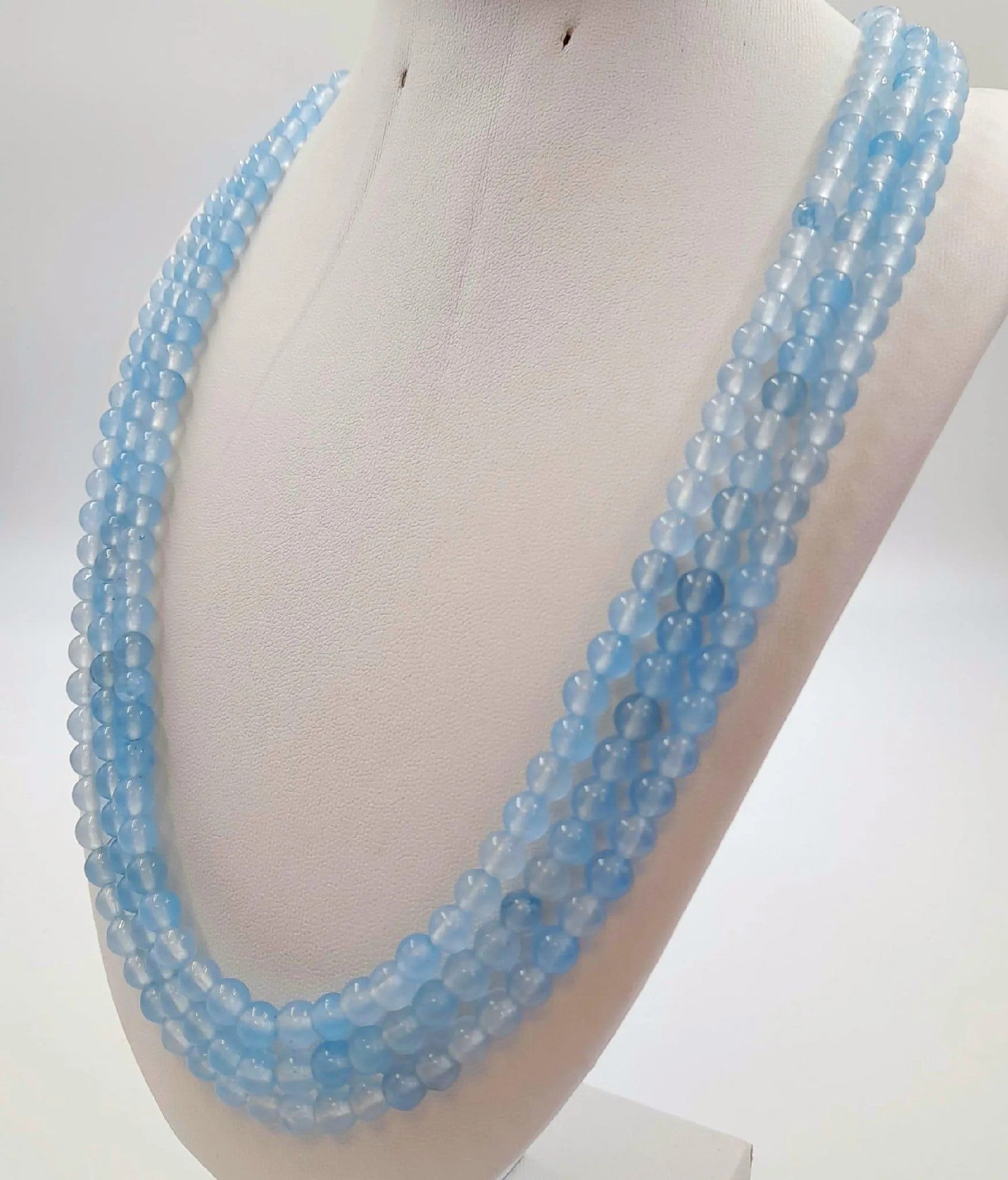 Captivating 700 Carat Light Blue Chalcedony Three-Strand Beaded Necklace 46-50cm