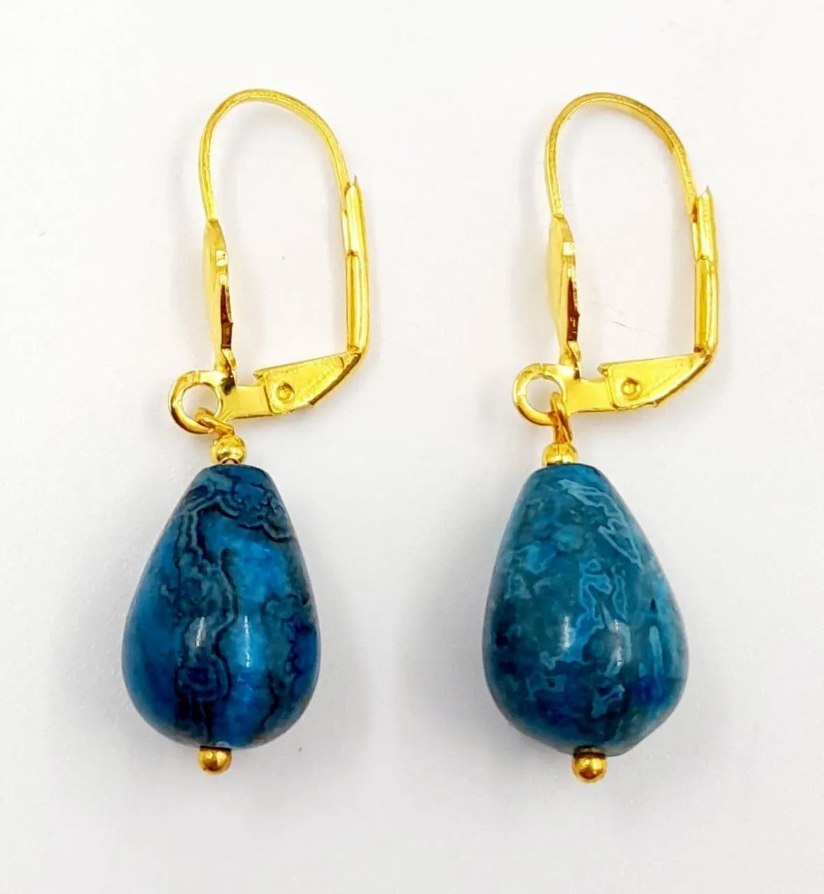 Elegance in Blue: 18K Gold-Plated Teardrop Blue Agate Earrings - 0.59 Inch