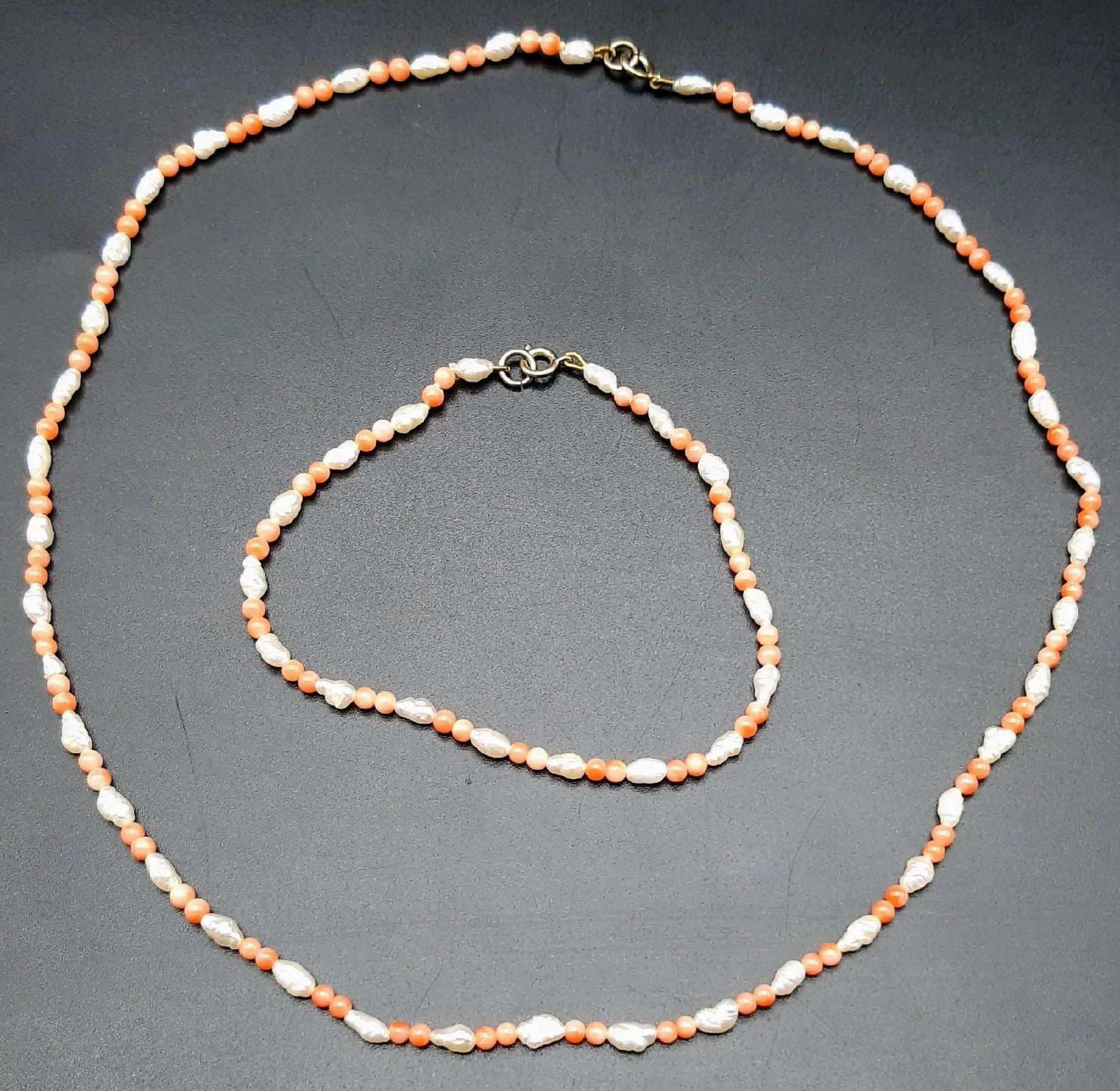 Timeless Elegance: Coral & Seed Pearl Necklace & Bracelet Set, 15.75" & 7.09"