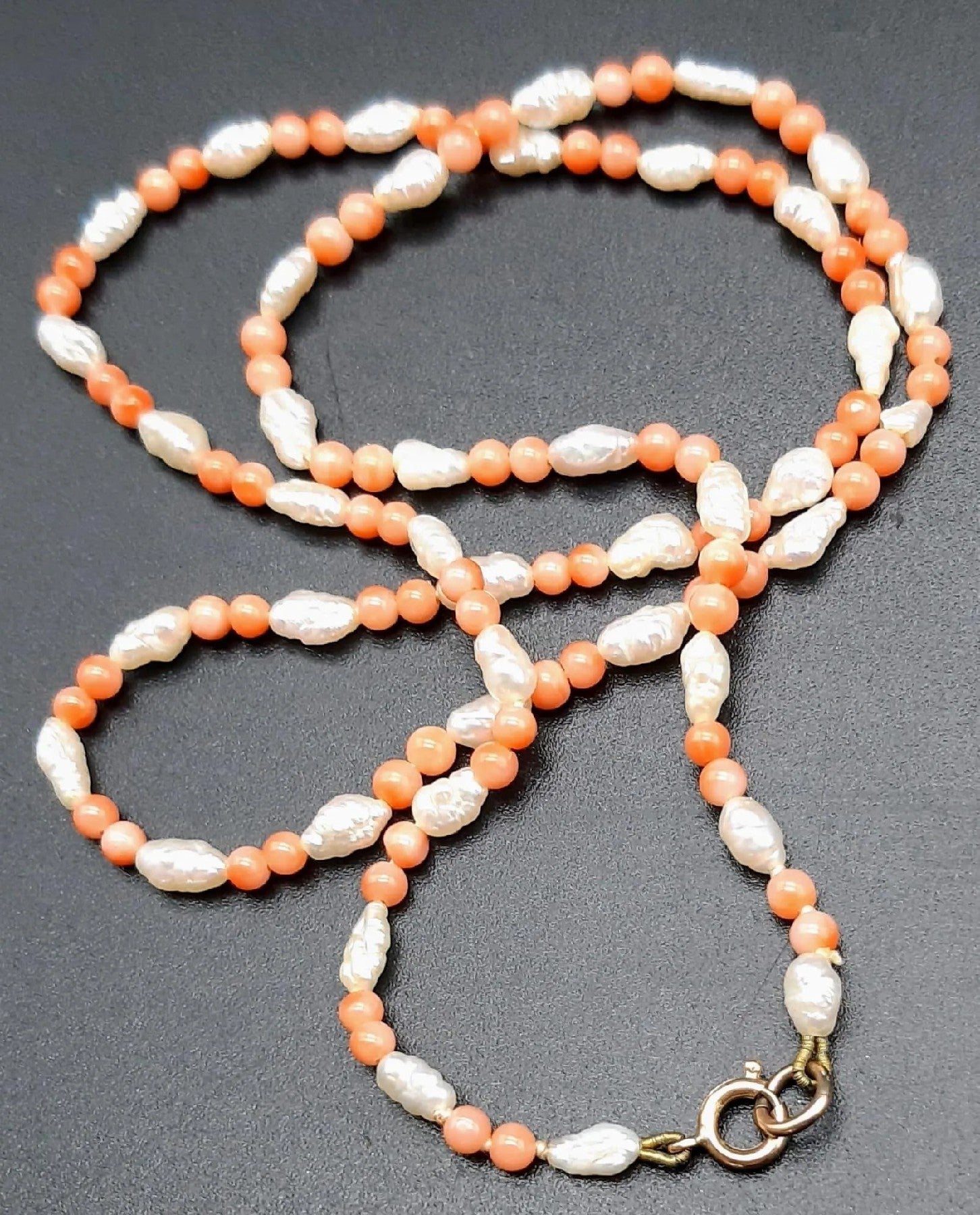 Timeless Elegance: Coral & Seed Pearl Necklace & Bracelet Set, 15.75" & 7.09"