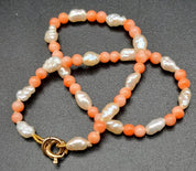 Timeless Elegance: Coral & Seed Pearl Necklace & Bracelet Set, 15.75" & 7.09"