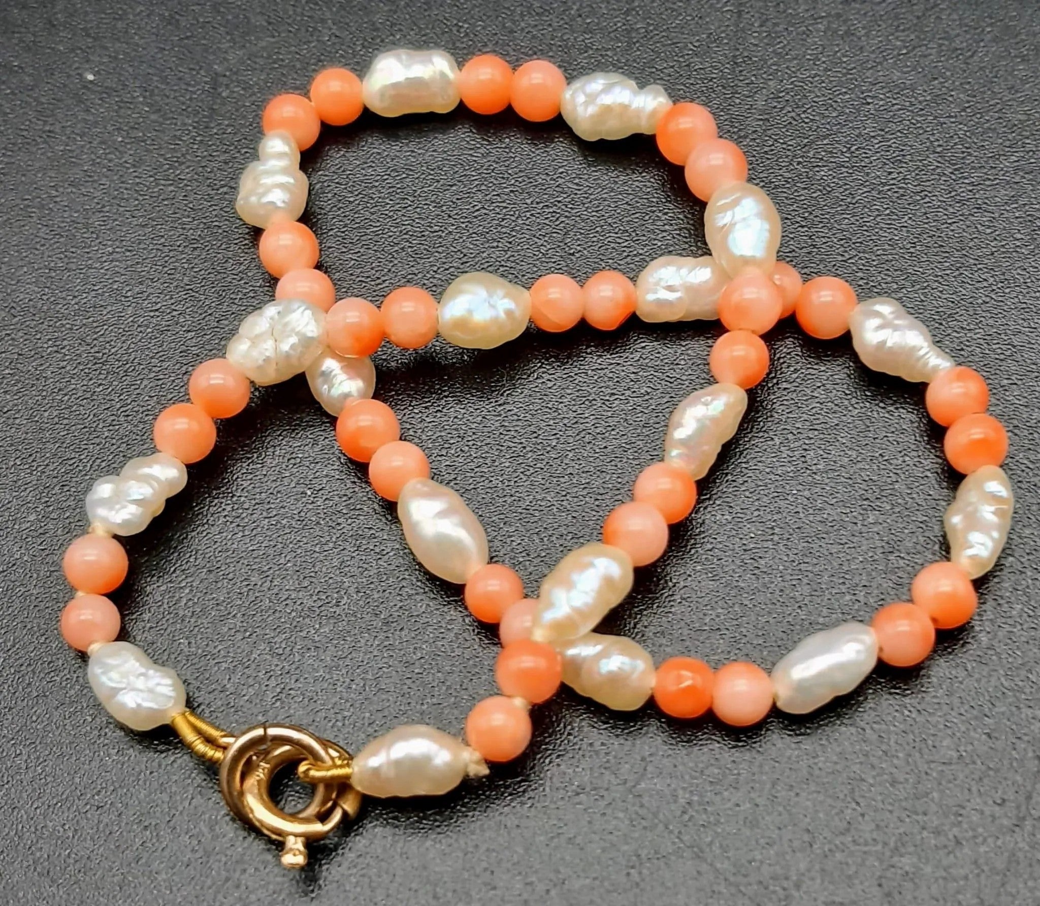 Timeless Elegance: Coral & Seed Pearl Necklace & Bracelet Set, 15.75" & 7.09"