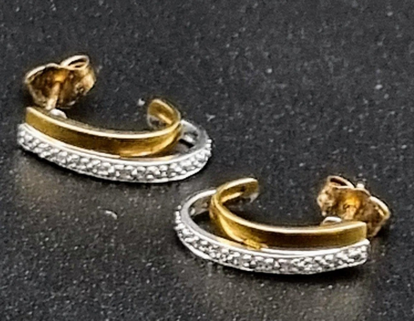 A Pair of 9K Yellow and White Gold Diamond Crescent Earrings