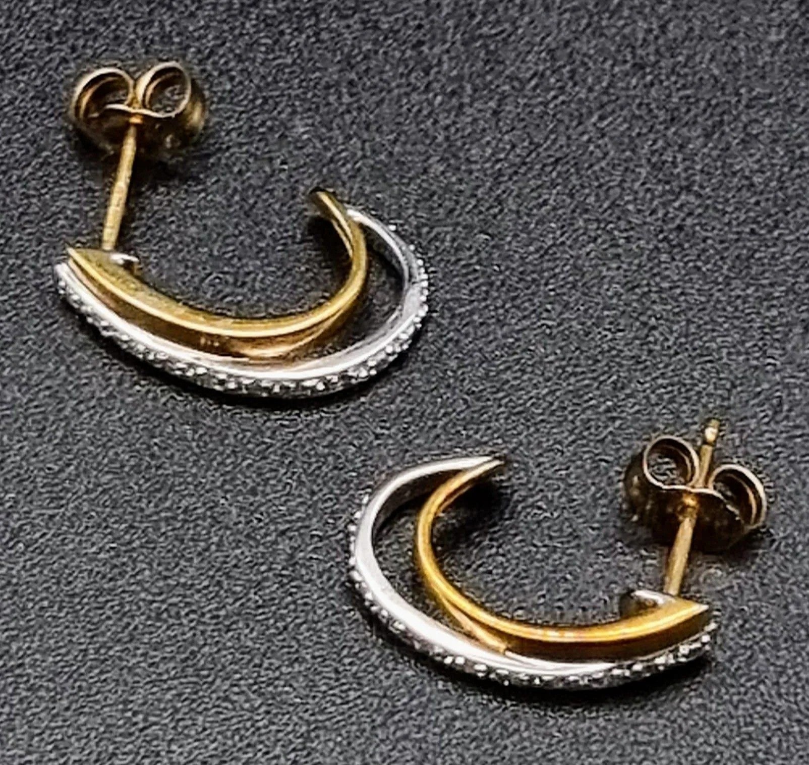 A Pair of 9K Yellow and White Gold Diamond Crescent Earrings