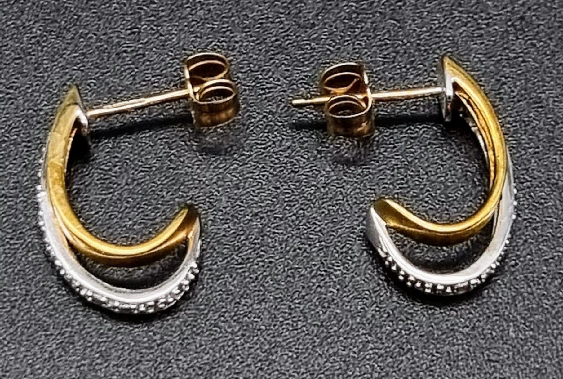 A Pair of 9K Yellow and White Gold Diamond Crescent Earrings