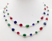 Elegant Ruby, Emerald, and Sapphire Gem Long Necklace in 925 Silver - 22g, 64cm