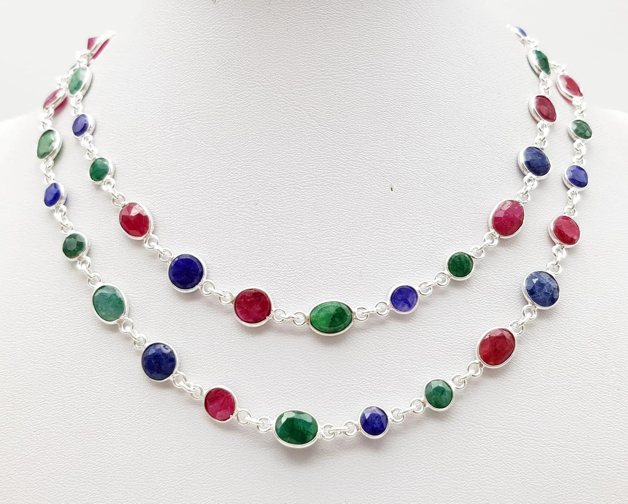 Elegant Ruby, Emerald, and Sapphire Gem Long Necklace in 925 Silver - 22g, 64cm