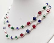 Elegant Ruby, Emerald, and Sapphire Gem Long Necklace in 925 Silver - 22g, 64cm