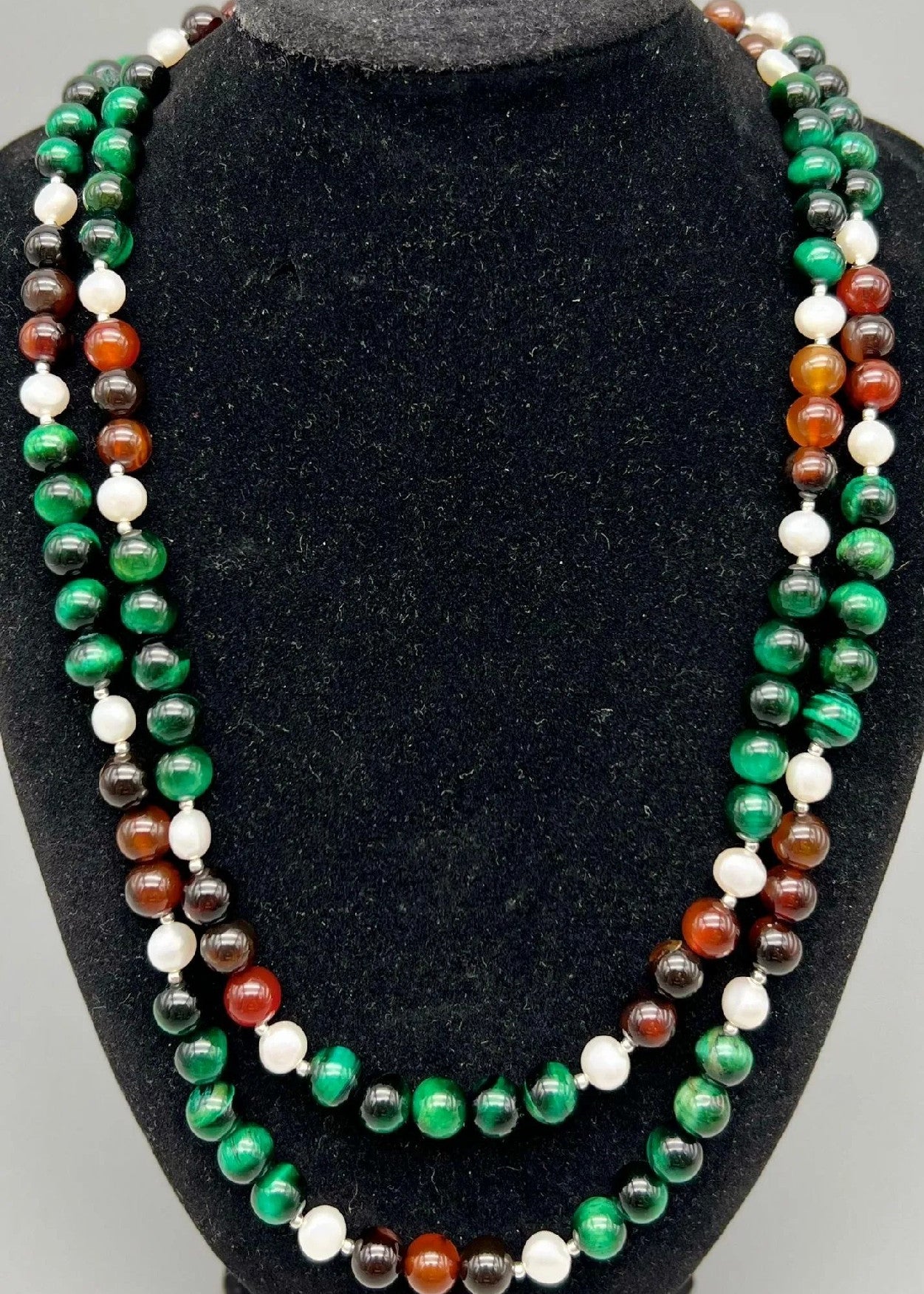 Versatile Handmade Freshwater Pearl, Agate, and Tiger Eye Long Necklace