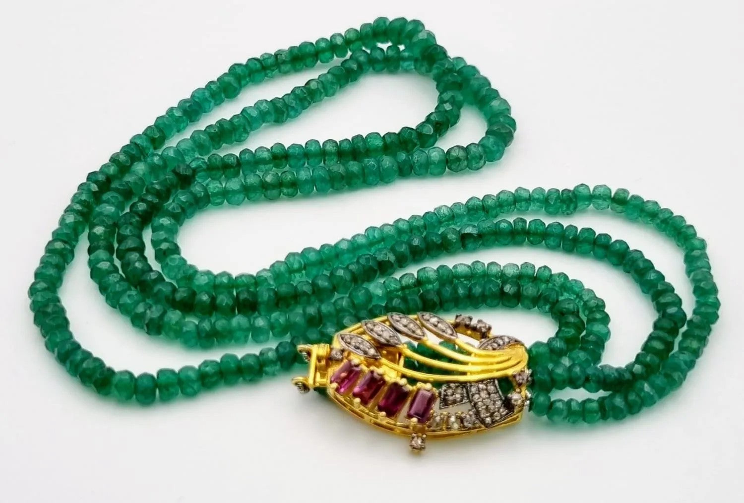 Vintage Double Strand Green Turquoise Necklace - Gold-Plated Clasp with Diamonds