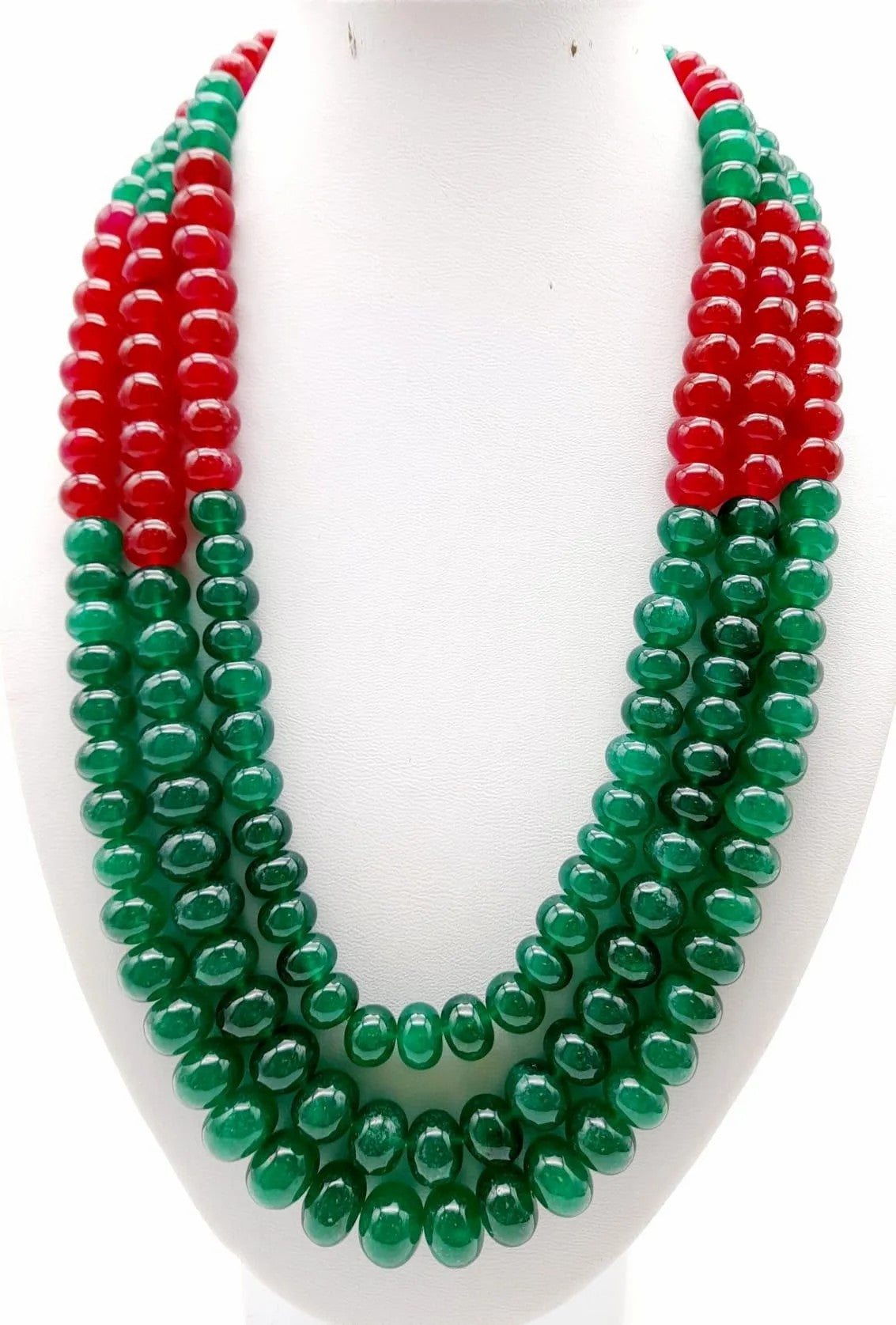 Radiant Elegance: 100ct Three-Strand Ruby and Emerald Bead Necklace - 46cm