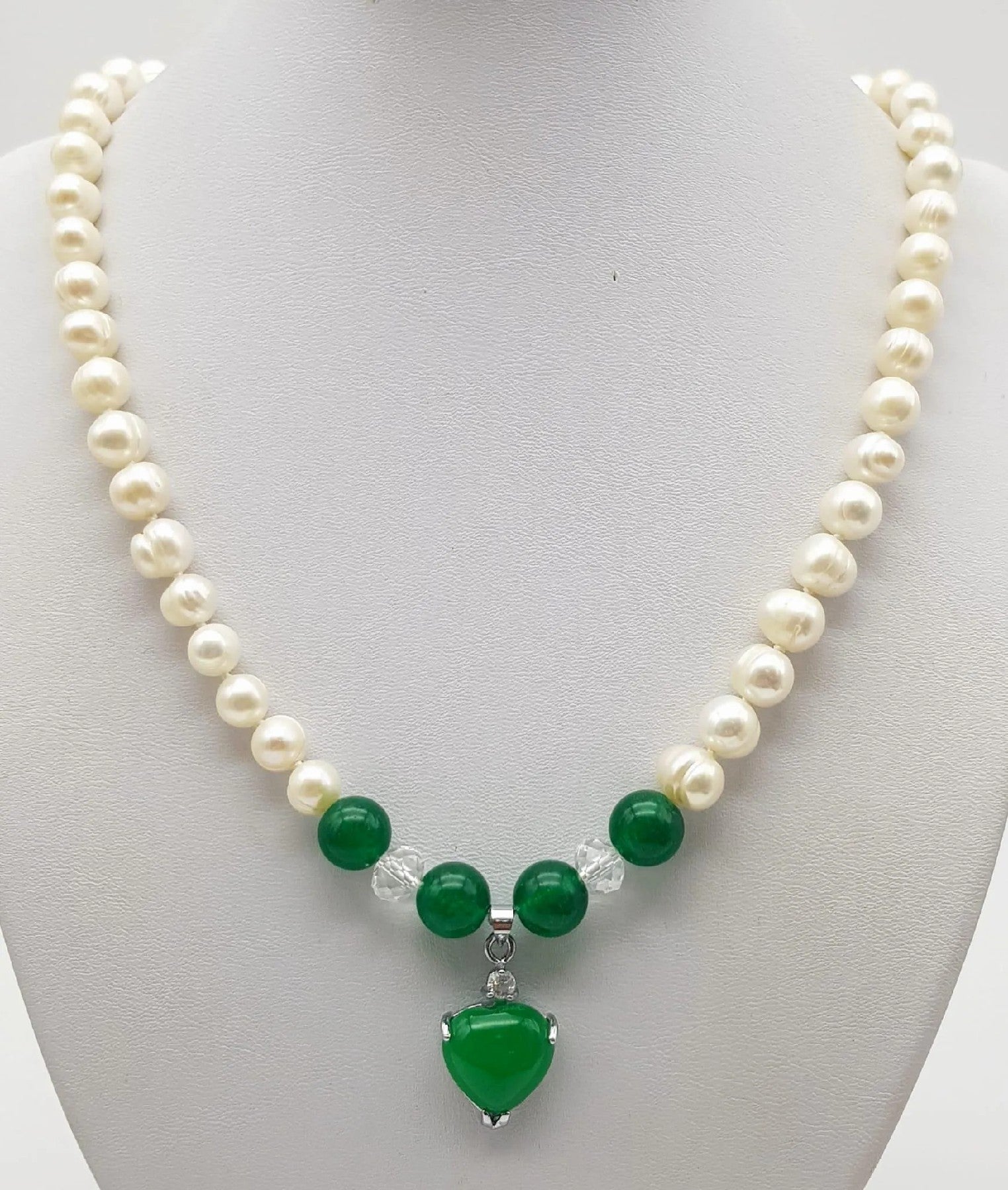 Elegant Freshwater Pearl and Jasper Necklace with Jade Heart - 48 cm