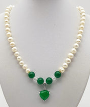 Elegant Freshwater Pearl and Jasper Necklace with Jade Heart - 48 cm