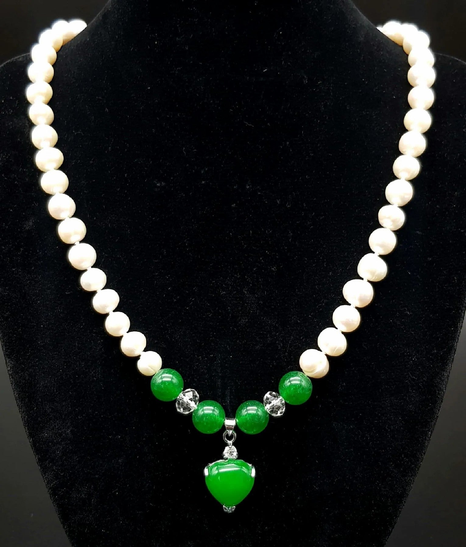 Elegant Freshwater Pearl and Jasper Necklace with Jade Heart - 48 cm