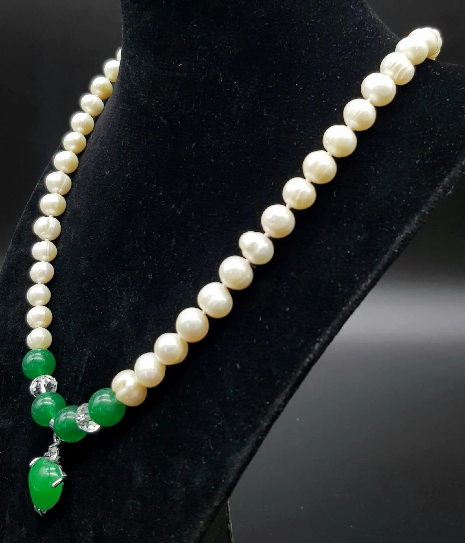 Elegant Freshwater Pearl and Jasper Necklace with Jade Heart - 48 cm