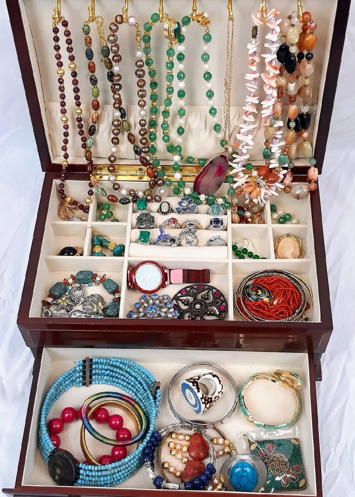 Wooden Jewelry Box with Jade, Emeralds, Real Beads, Agate, and More