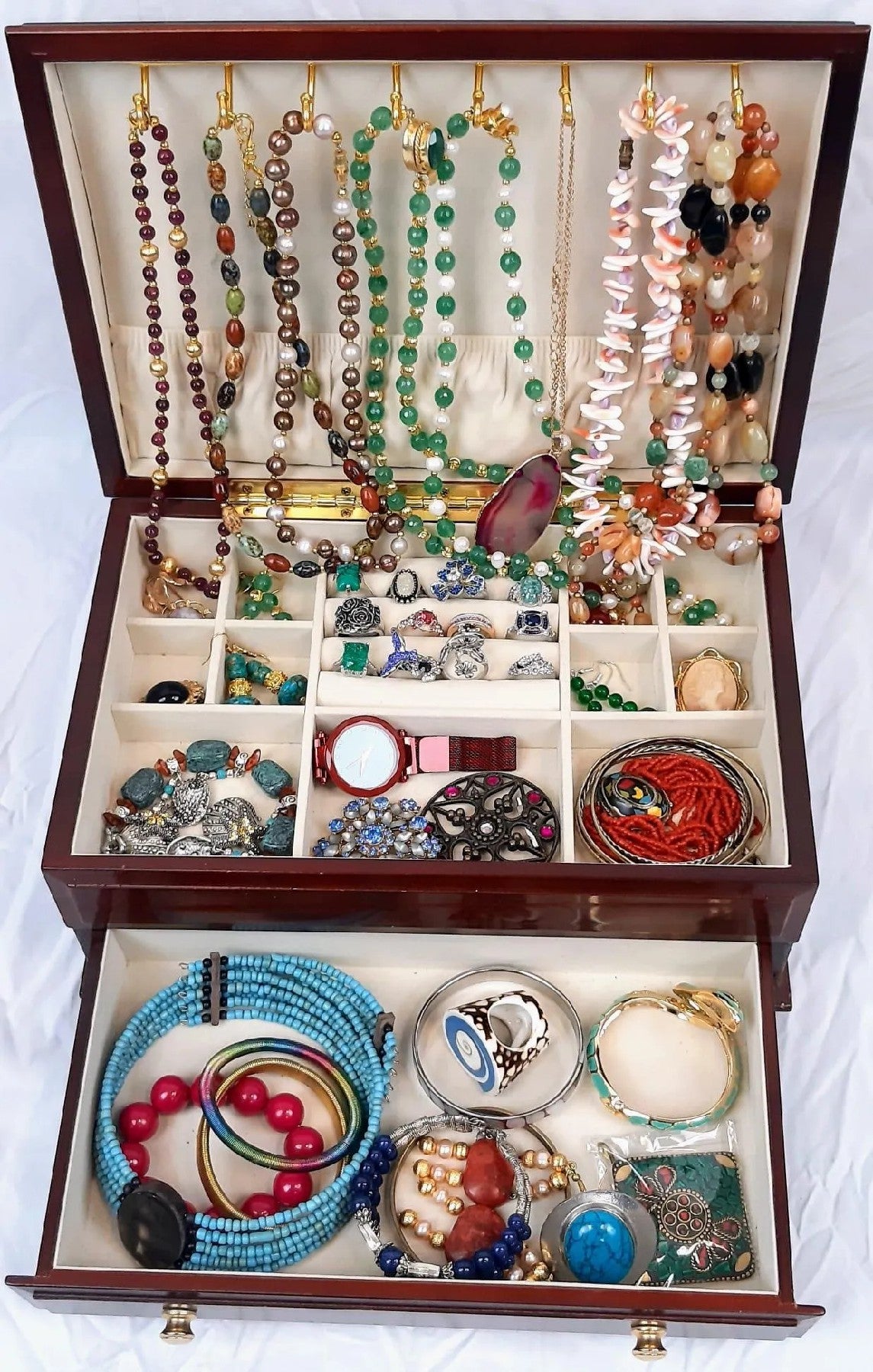 Wooden Jewelry Box with Jade, Emeralds, Real Beads, Agate, and More