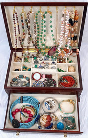 Wooden Jewelry Box with Jade, Emeralds, Real Beads, Agate, and More