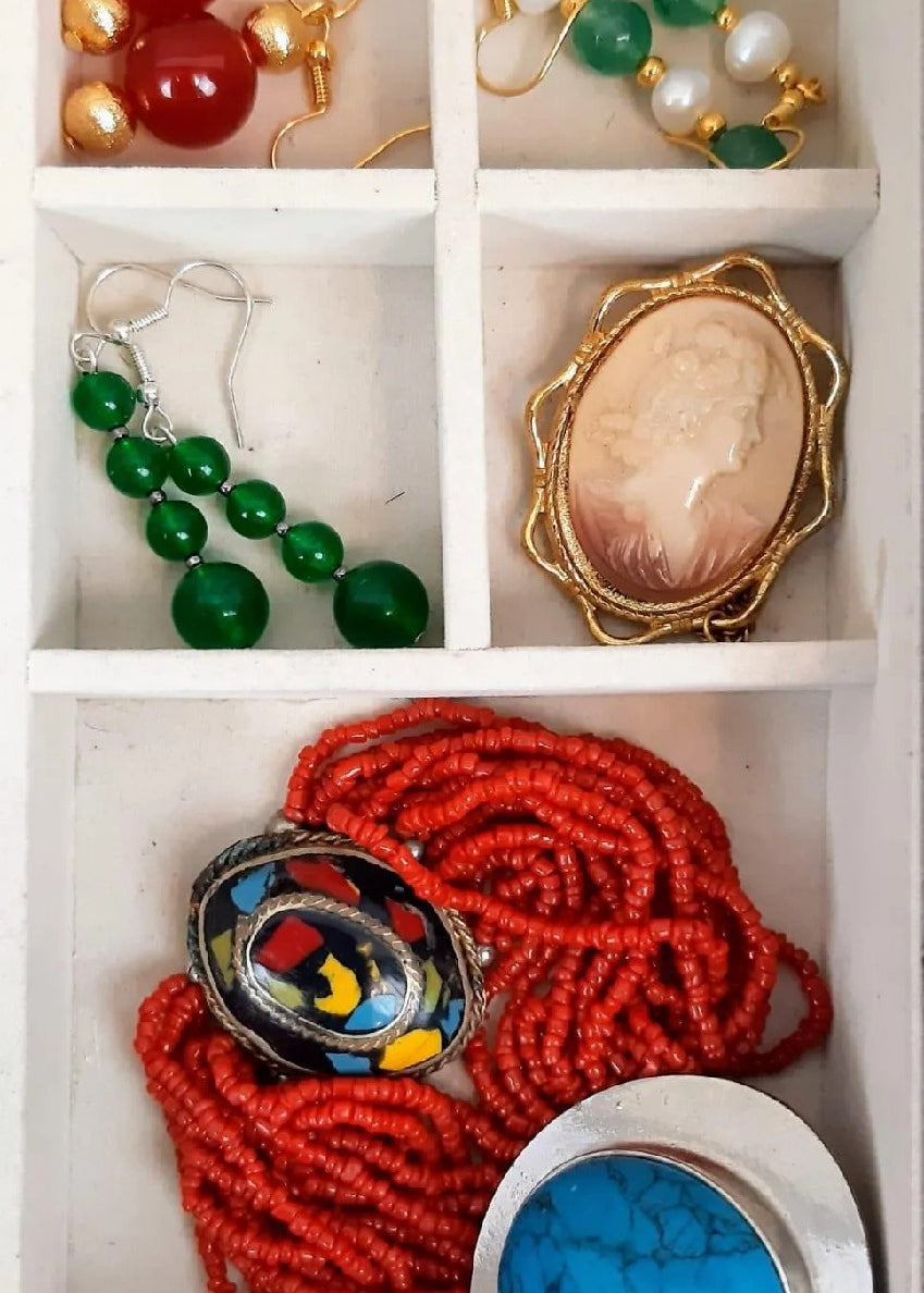 Wooden Jewelry Box with Jade, Emeralds, Real Beads, Agate, and More