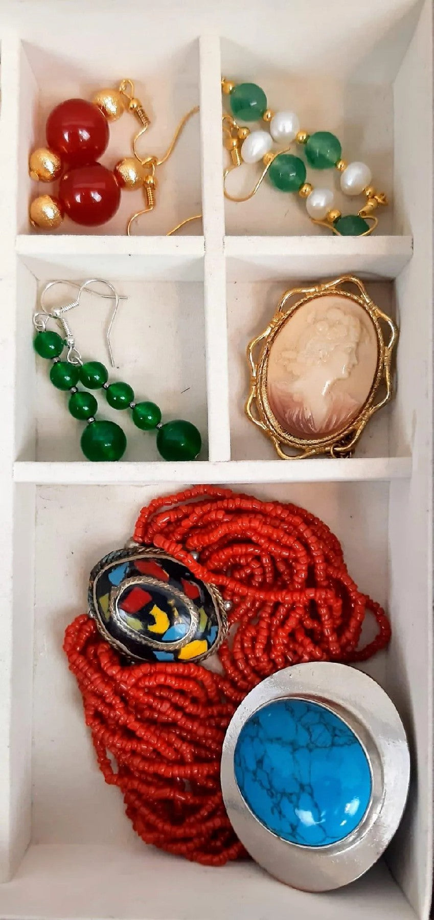 Wooden Jewelry Box with Jade, Emeralds, Real Beads, Agate, and More