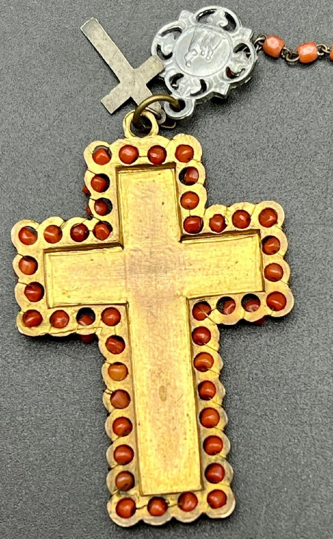 Antique Victorian Coral Rosary Bead Necklace with Enamel Cross - 29cm