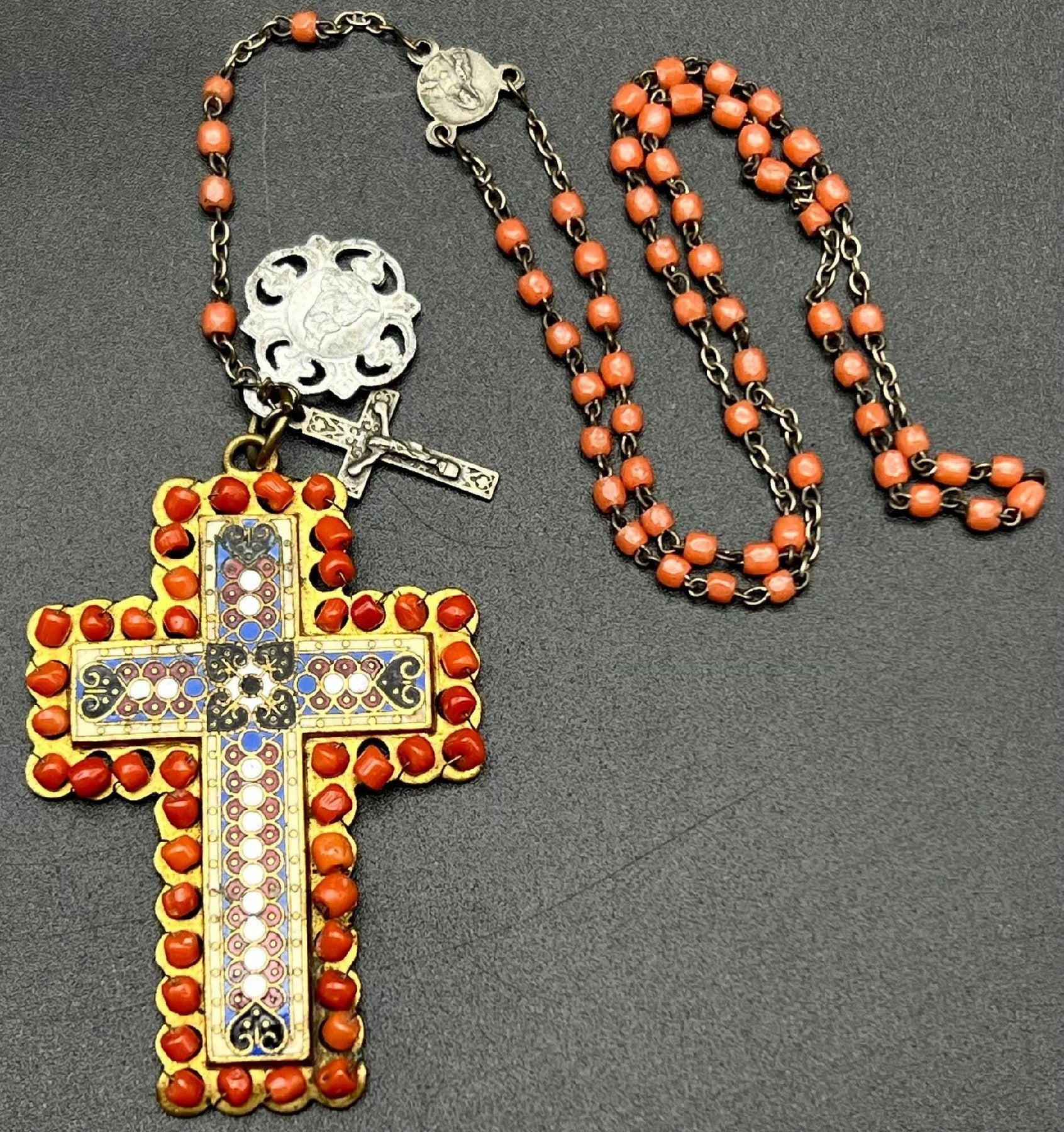 Antique Victorian Coral Rosary Bead Necklace with Enamel Cross - 29cm