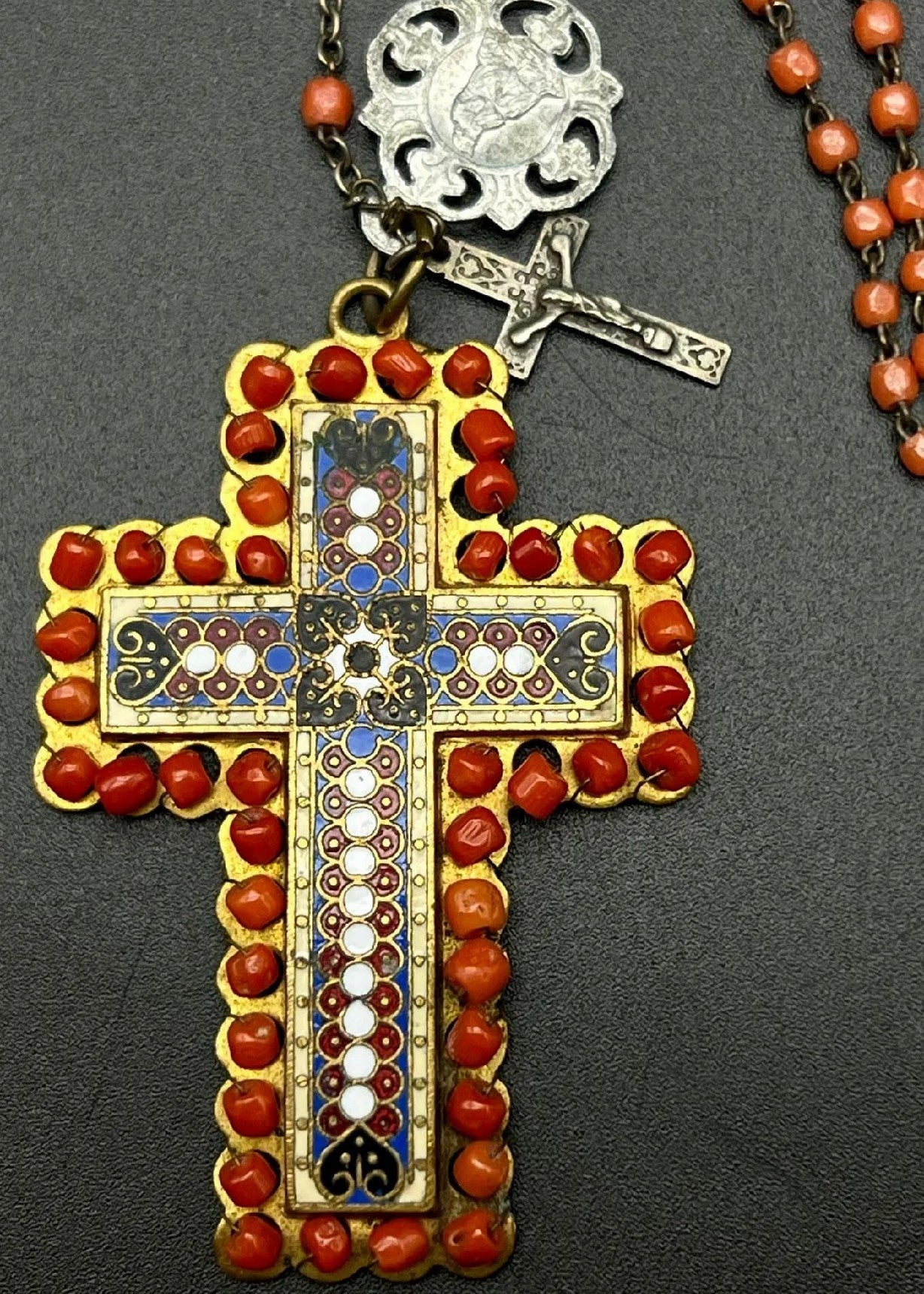 Antique Victorian Coral Rosary Bead Necklace with Enamel Cross - 29cm