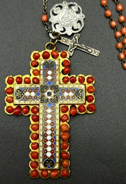 Antique Victorian Coral Rosary Bead Necklace with Enamel Cross - 29cm