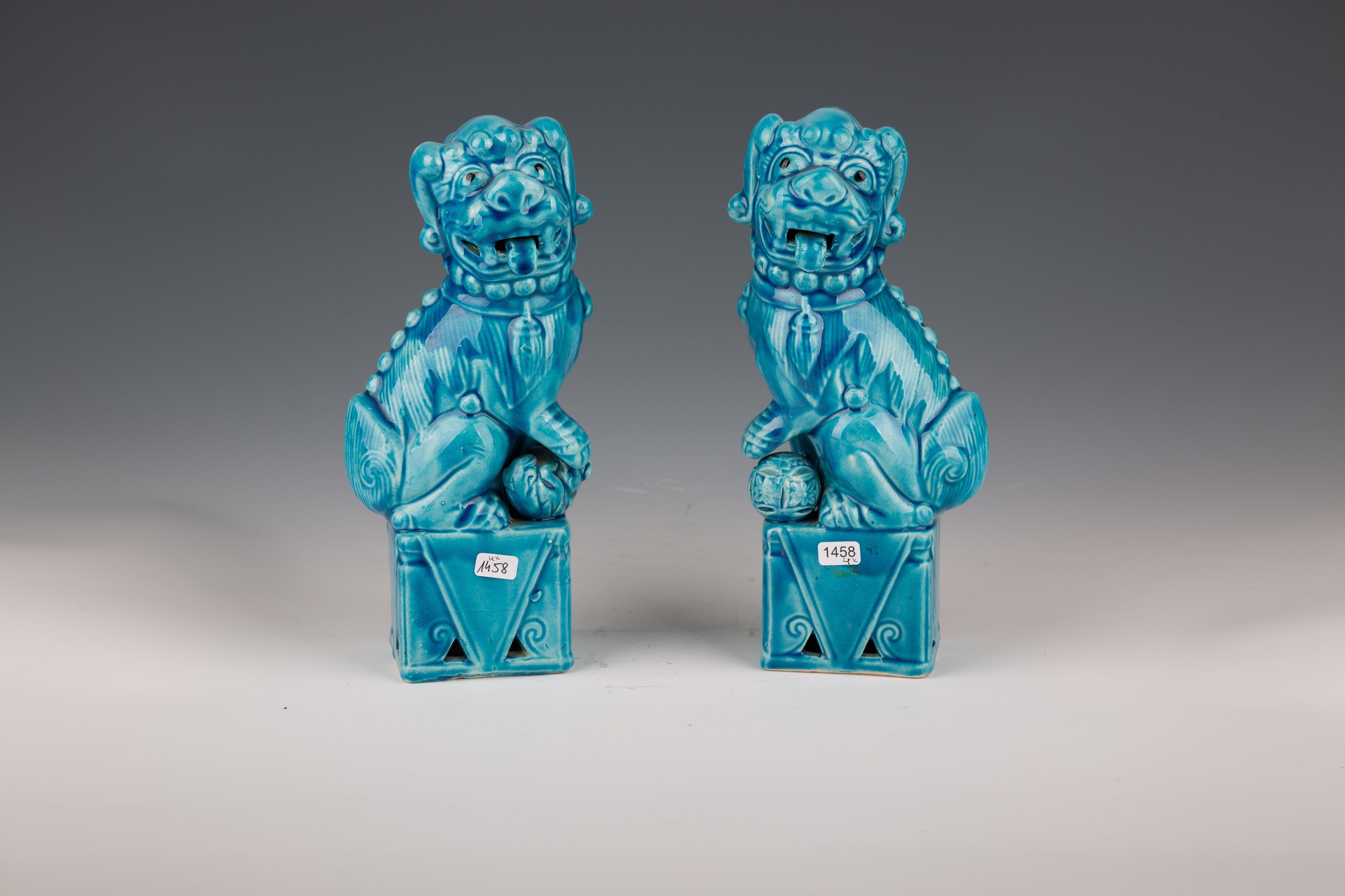 Qing Dynasty Porcelain Set: Pair of Lions, Tricolor Lion, and Pomegranate Bowl