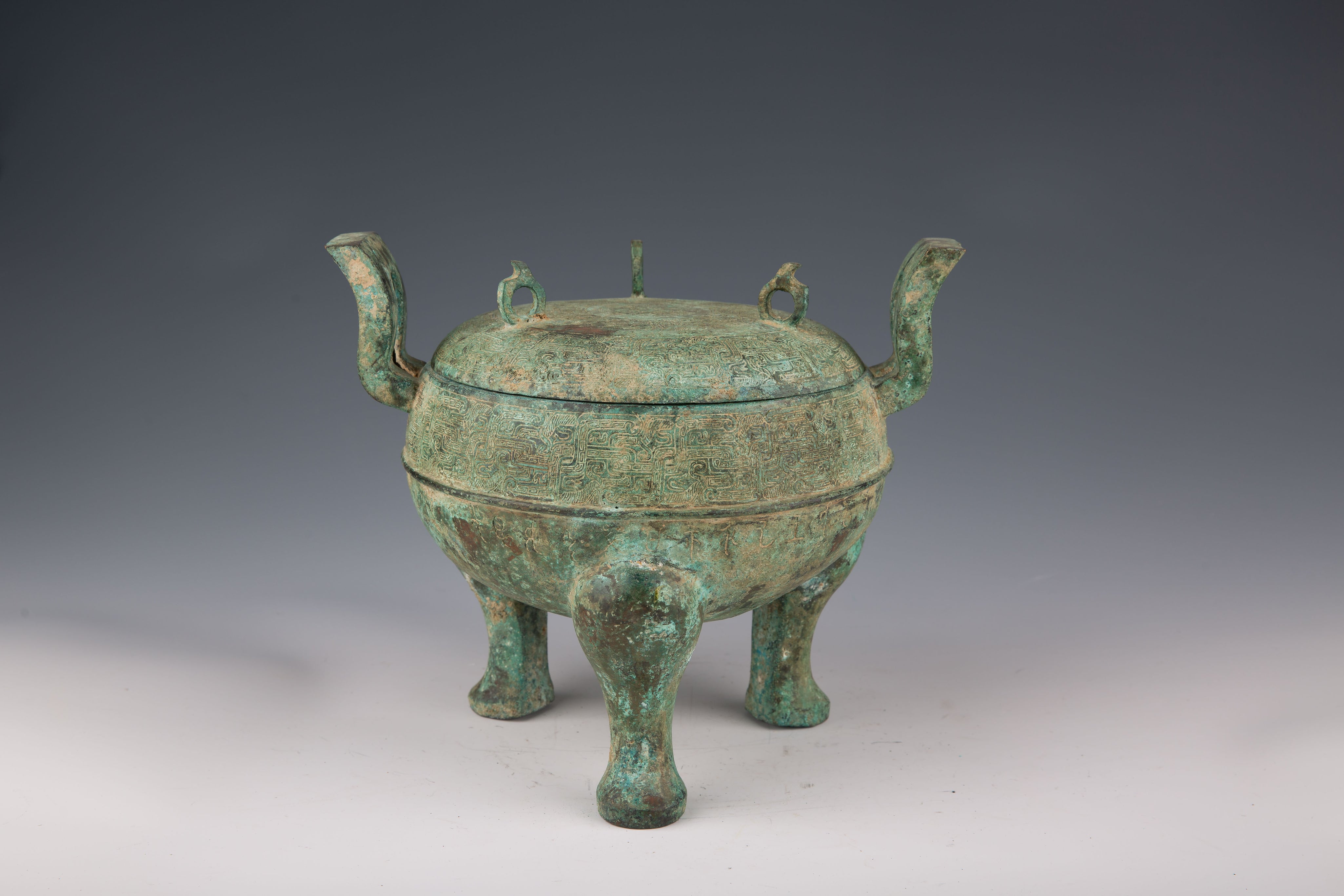 Chinese inlaid Warring States style bronze cauldron and lid