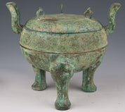 Chinese inlaid Warring States style bronze cauldron and lid