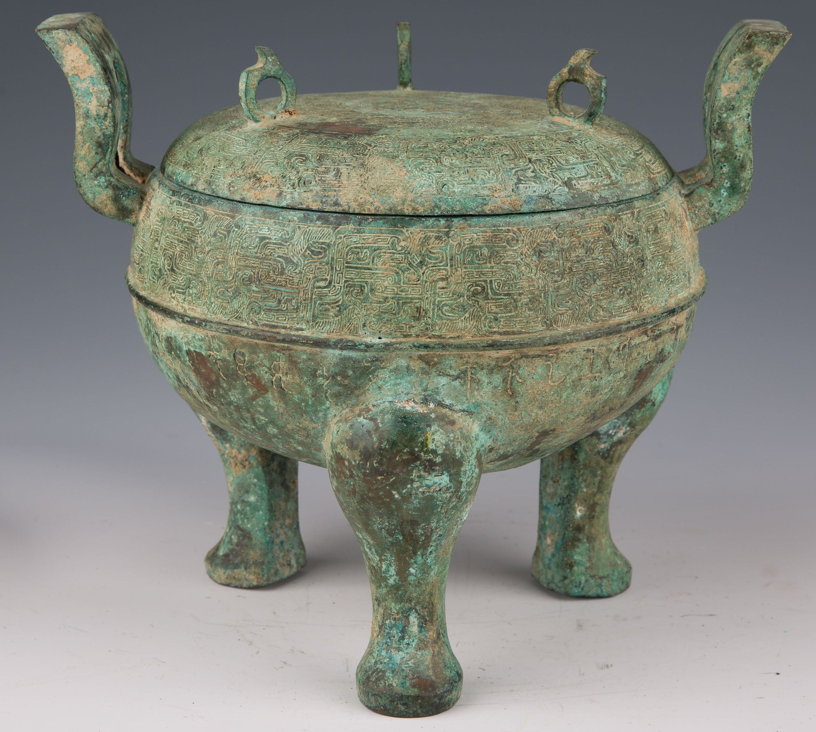 Chinese inlaid Warring States style bronze cauldron and lid