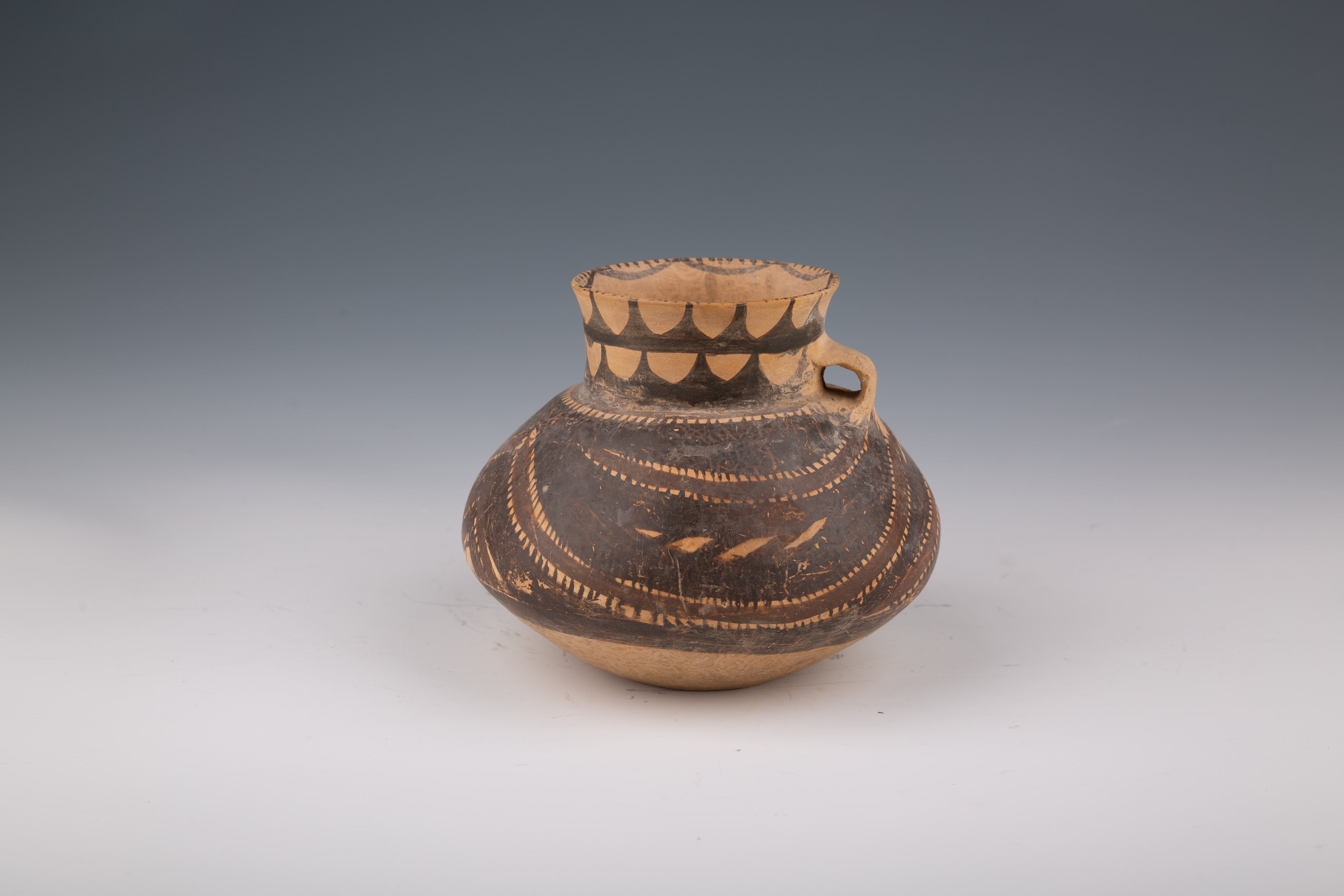 Neolithic Chinese Clay Vessel with Ochre and Brown Geometric Decorations