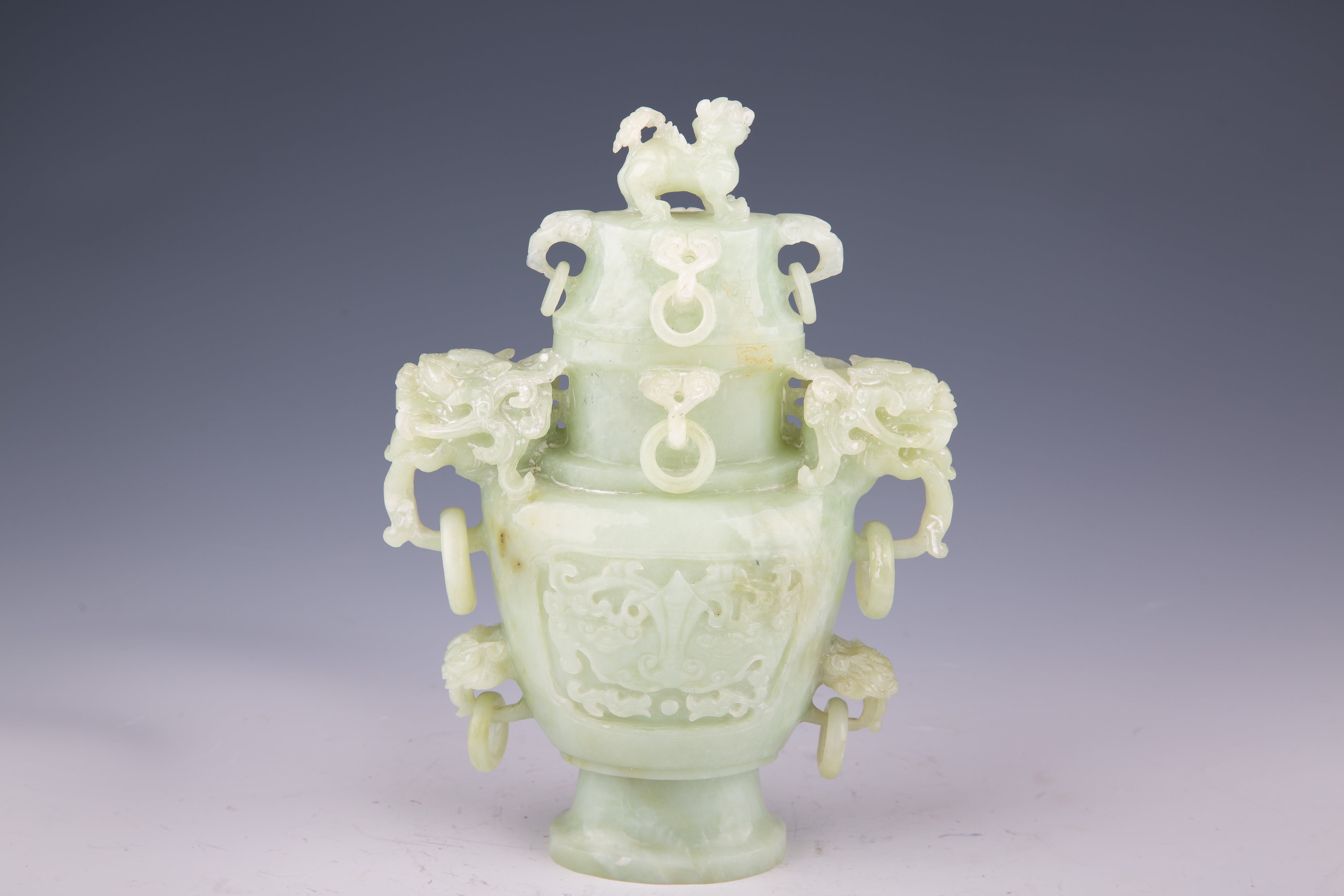 Chinese celadon carved jade urn